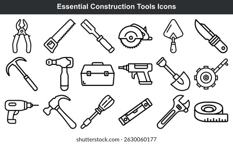 Essential construction tools icons line art set