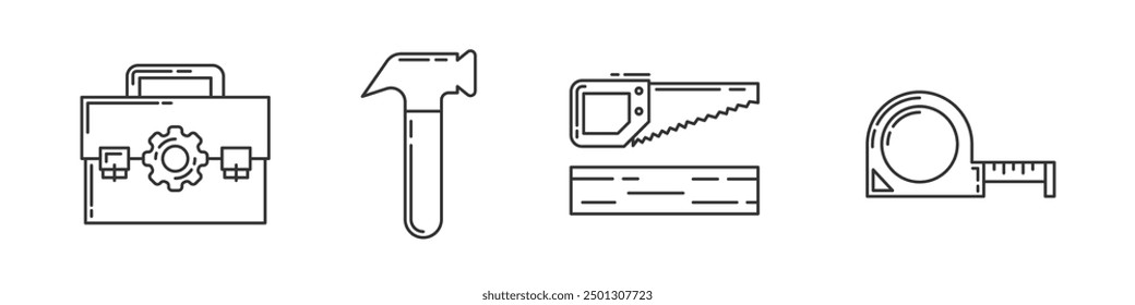 Herramientas de construcción esenciales. caja de herramientas, martillo, sierra, Regla. Concepto de reparación del hogar, renovación, proyectos de bricolaje y construcción.