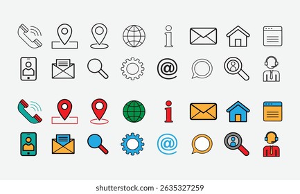 Essential Contact and Navigation Icons Set of Envelope, Phone, Email, Location and More in Line and Colorful Vector Style on White Background