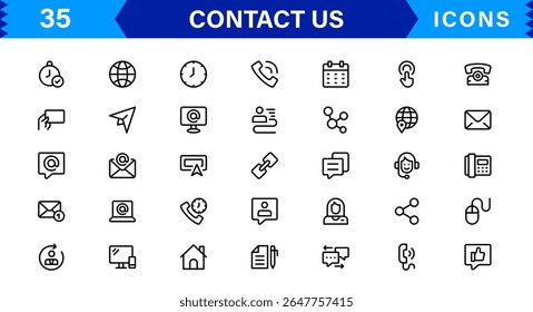 Ícones vetoriais essenciais para design de UI UX com e-mail, telefone, bate-papo, localização e símbolos de serviço ao cliente em estilo limpo
