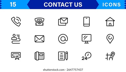Ícones vetoriais essenciais para design de UI UX com e-mail, telefone, bate-papo, localização e símbolos de serviço ao cliente em estilo limpo
