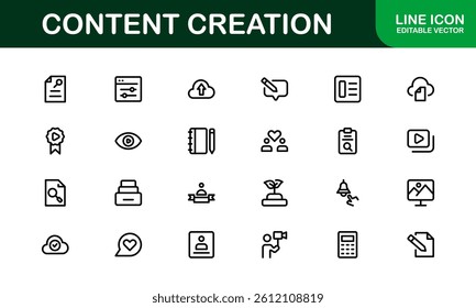 Essential Content Creation Icon Set Vector Illustration. Includes Icons for Editing, Graphics, and Digital Media to Power for Creative Projects.