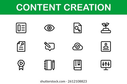Essential Content Creation Icon Set Vector Illustration. Includes Icons for Editing, Graphics, and Digital Media to Power for Creative Projects.