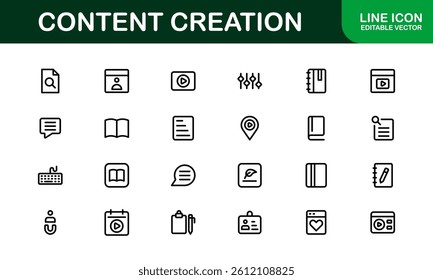 Essential Content Creation Icon Set Vector Illustration. Includes Icons for Editing, Graphics, and Digital Media to Power for Creative Projects.