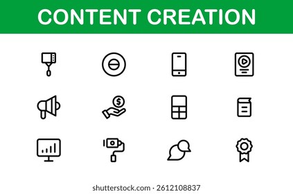 Essential Content Creation Icon Set Vector Illustration. Includes Icons for Editing, Graphics, and Digital Media to Power for Creative Projects.