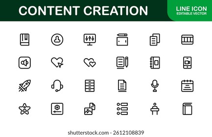 Essential Content Creation Icon Set Vector Illustration. Includes Icons for Editing, Graphics, and Digital Media to Power for Creative Projects.