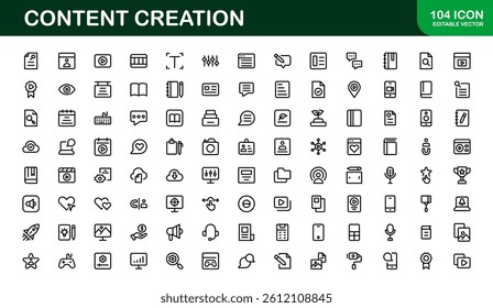 Essential Content Creation Icon Set Vector Illustration. Includes Icons for Editing, Graphics, and Digital Media to Power for Creative Projects.