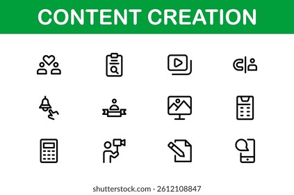 Essential Content Creation Icon Set Vector Illustration. Includes Icons for Editing, Graphics, and Digital Media to Power for Creative Projects.