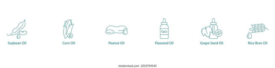 Essential Cooking Oils Vector Icon Set: Soybean, Corn, Peanut, Flaxseed, Grape Seed, Rice Bran