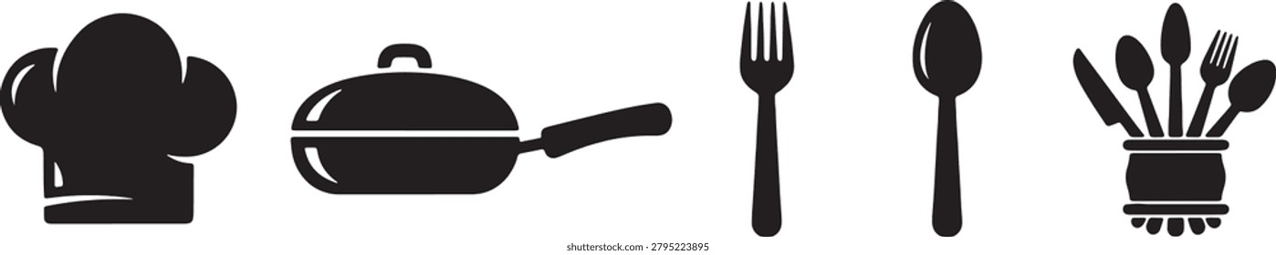 Essential cooking tools and eating utensils silhouettes isolated for culinary branding.