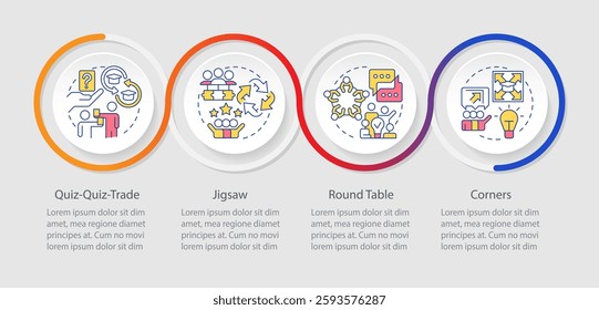 Essential cooperative learning strategies infographics circles sequence. Grouping, studying. Visualization layout with 4 steps. Info chart loop process presentation