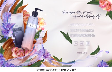 Essential Cream Ads: Shampoo Bottle, Pink  And Blue Flowers With Leaves, Hair Cosmetic Product Healthcare Banner.