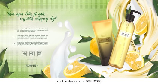 Essential Cream Ads: Shampoo Bottle, Lemons With Leaves, Cosmetic Product Healthcare Banner.