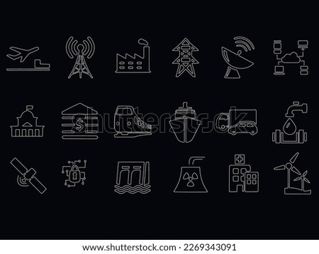 essential critical infrastructure outline icons stock illustration.infrastructure and city elements icon set linear design