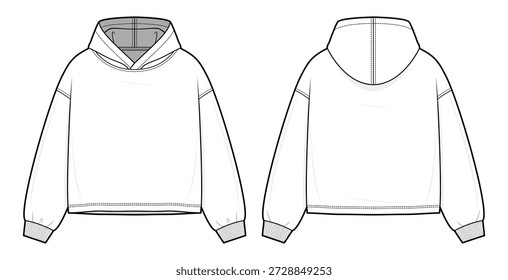Essencial Cropped Boxy Hoodie Ilustração de Moda Técnica. Suéter com capuz mínimo com duplo costurado Hem e costela malha algemas. Vista frontal e traseira. Unisex. Conjunto de montagem CAD.