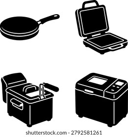 Essential culinary equipment illustrations black silhouettes frying pan toaster oven deep fryer and bread machine graphics.