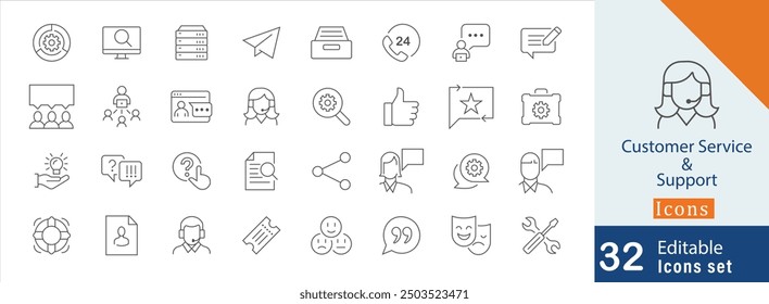 Essential customer service and support stroke icon set.