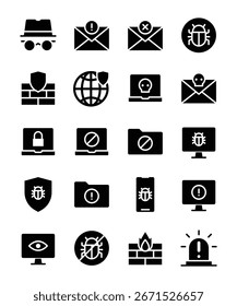 Essential cybersecurity icons visualizing various online threats, data protection measures, and computer security concepts