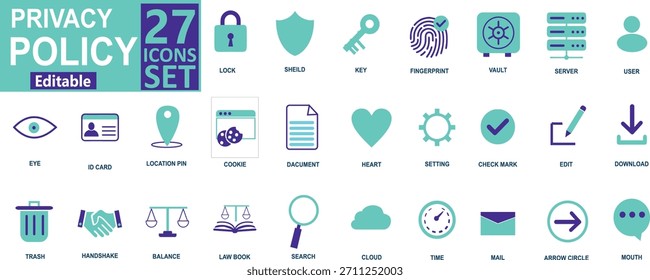 Conjunto de iconos vectoriales de privacidad de datos esenciales y cumplimiento del RGPD: bloqueo, clave, escudo, huella digital, política, usuario, seguridad, Locación, Acuerdo y símbolos de almacenamiento en la nube. Confianza, Protección, Confidencial.
