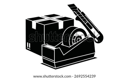 Essential delivery and packaging equipment including a box, tape dispenser, and cutter, crucial for shipping and moving related services, isolated on white.