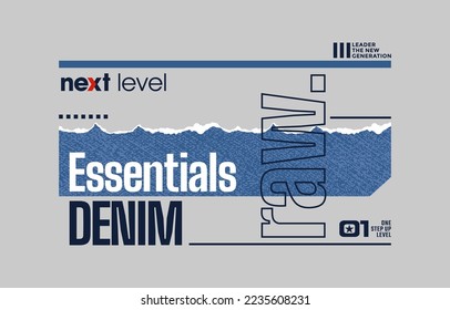 Denim esencial, eslogan moderno y elegante de la tipografía. Dibujo vectorial de diseño abstracto colorido para camisetas, prendas, fondo, tipografía, afiche y más.