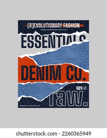 Denim esencial, eslogan moderno y elegante de la tipografía. Dibujo vectorial de diseño abstracto colorido para camisetas, prendas, fondo, tipografía, afiche y más.