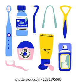 Essential Dental Care Tools Collection. Illustrations of essential dental care items including toothbrush, toothpaste, and mouthwash. Perfect for health and hygiene-themed projects