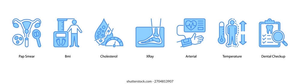 Ilustración vectorial de iconos de Anuncio de Web con frotis de Papanicolaou, IMC, colesterol, rayos X, temperatura arterial y chequeo dental como medidas básicas de salud preventiva.