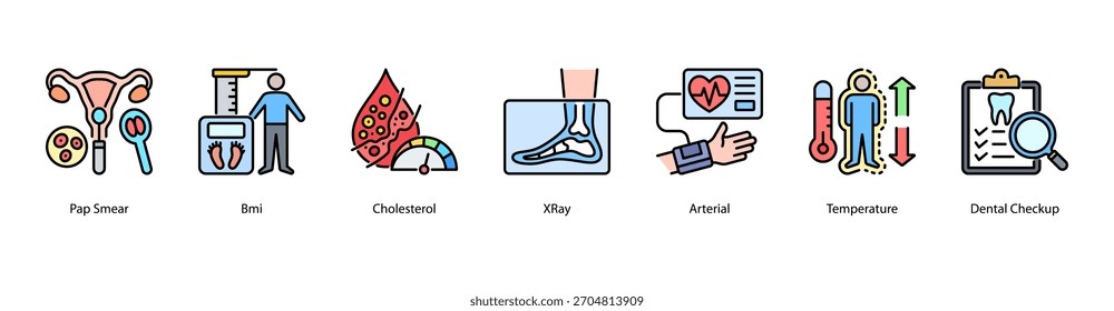 Ilustración vectorial de iconos de Anuncio de Web con frotis de Papanicolaou, IMC, colesterol, rayos X, temperatura arterial y chequeo dental como medidas básicas de salud preventiva.