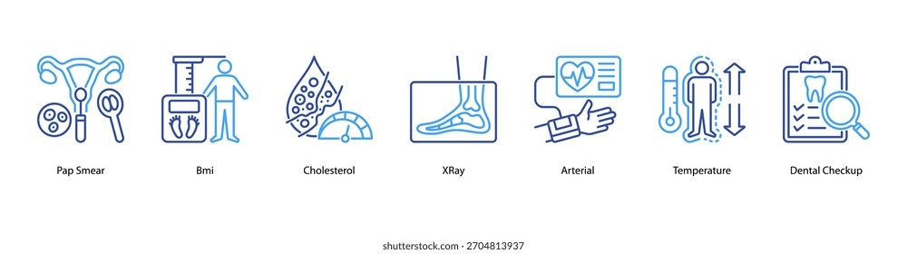 Ilustración vectorial de iconos de Anuncio de Web con frotis de Papanicolaou, IMC, colesterol, rayos X, temperatura arterial y chequeo dental como medidas básicas de salud preventiva.