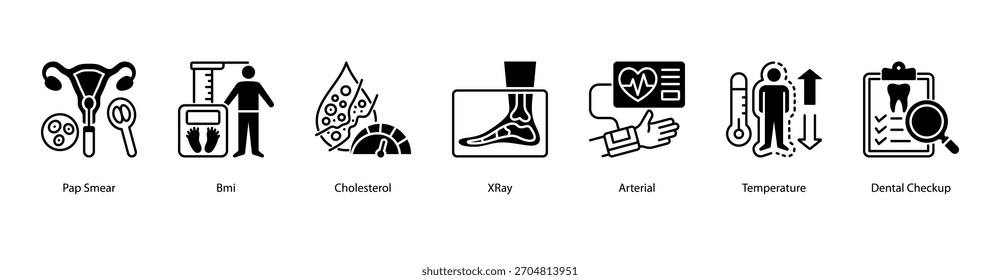 Ilustración vectorial de iconos de Anuncio de Web con frotis de Papanicolaou, IMC, colesterol, rayos X, temperatura arterial y chequeo dental como medidas básicas de salud preventiva.