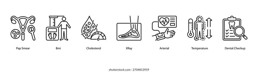 Ilustración vectorial de iconos de Anuncio de Web con frotis de Papanicolaou, IMC, colesterol, rayos X, temperatura arterial y chequeo dental como medidas básicas de salud preventiva.