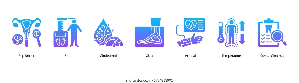 Ilustración vectorial de iconos de Anuncio de Web con frotis de Papanicolaou, IMC, colesterol, rayos X, temperatura arterial y chequeo dental como medidas básicas de salud preventiva.