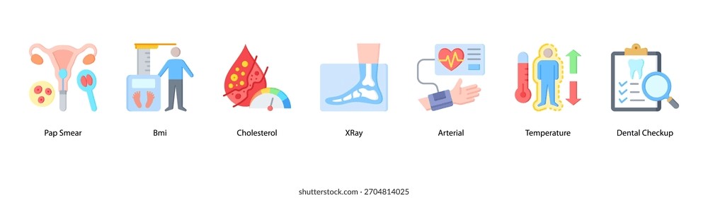 Ilustración vectorial de iconos de Anuncio de Web con frotis de Papanicolaou, IMC, colesterol, rayos X, temperatura arterial y chequeo dental como medidas básicas de salud preventiva.