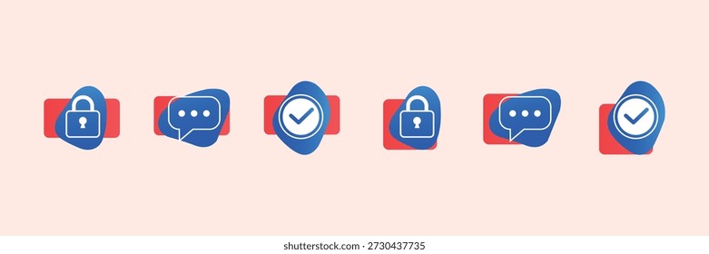  Iconos digitales esenciales: candado para la seguridad, chat para la comunicación y marca de verificación para la verificación