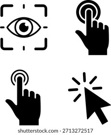 Essential digital interaction icons: eye scan, tap, and mouse click. Modern UI UX elements for app web design.
