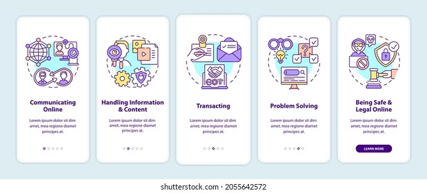 Essential digital skills onboarding mobile app page screen with concepts. Information technology walkthrough 5 steps graphic instructions. UI, UX, GUI vector template with linear color illustrations