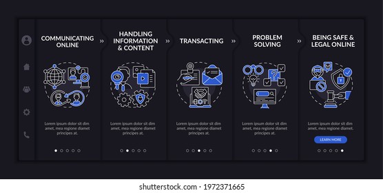 Essential digital skills onboarding vector template. Responsive mobile website with icons. Web page walkthrough 5 step screens. Technology access dark theme concept with linear illustrations