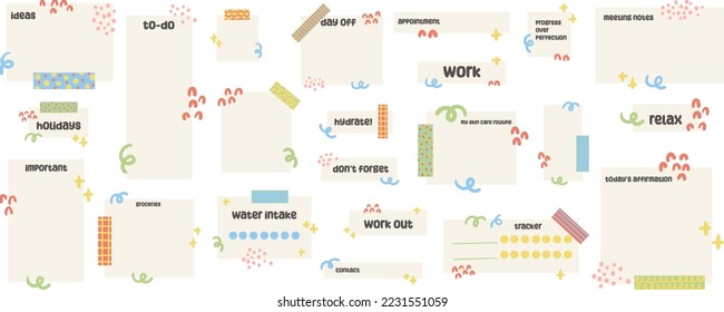 Essential digital stickers. Digital note papers and stickers for digital bullet journaling or planning. Ready to use stickers. Vector art.