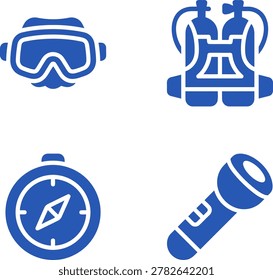Essential diving gear including goggles, oxygen tank, compass, and flashlight for underwater exploration