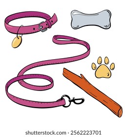 Essential Dog Accessories Colorful Collar, Sturdy Leash, Fun Bone, and Cute Paw Print.Vector illustration. Pet shop