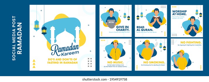 Essential Do’s And Don'ts For Ramadan Fasting Based Social Media Post Set On Blue Background.