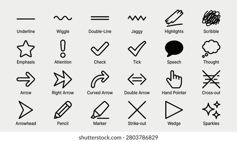 Essential doodle line set for editing and annotation featuring underline wiggle double line jaggy highlights scribble emphasis attention exclamation mark check tick speech thought bubble arrow set right arrow curved arrow double arrow hand pointer cross out strike out arrowhead pencil.