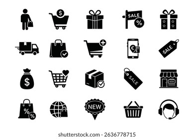 Essential E-commerce Shopping Icons Set for Website and App Design featuring delivery truck, shopping cart, gift, sale tags, and online store symbols.