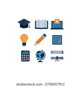 Conjunto de iconos de herramientas esenciales de educación y aprendizaje para el Vector académico y de búsqueda de conocimiento, ilustración