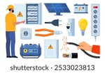 Essential Electrical Repair Tools for Professional Technician, Socket Maintenance Service. Electrician worker equipment for electric power system inspection. Electricity, energy concept. Vector