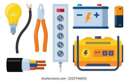 Ferramentas Elétricas Essenciais de Reparação para Técnico Profissional, Serviço de Manutenção de Soquete. Equipamento de trabalho elétrico para inspeção de sistemas de energia elétrica. Eletricidade, conceito de energia. Vetor