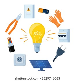 Essential Electrical Repair Tools for Professional Technician, Socket Maintenance Service. Electrician worker equipment for electric power system inspection. Electricity, energy concept. Vector