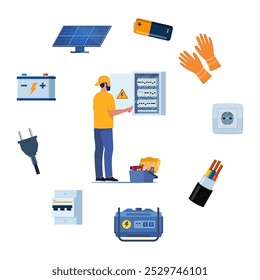 Essential Electrical Repair Tools for Professional Technician, Socket Maintenance Service. Electrician worker equipment for electric power system inspection. Electricity, energy concept. Vector