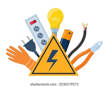 Herramientas eléctricas esenciales de la reparación para el técnico del Profesional, servicio del mantenimiento del zócalo. Equipo de trabajador eléctrico para inspección del sistema de energía eléctrica. Electricidad, concepto de energía. Vector